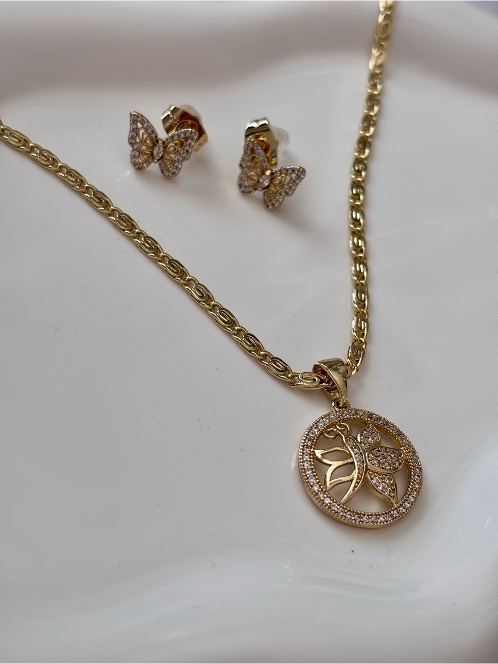 Gold Butterfly & Tree Medallion Necklace with Butterfly Studs